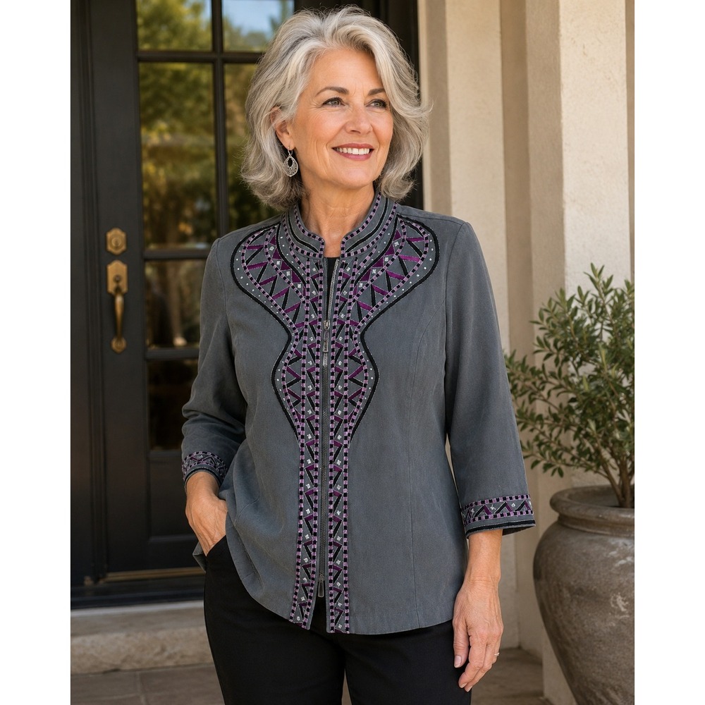 Bob Mackie Wearable Art Gray Faux Suede Embroidered Zip Jacket Womens 1X‎ Purple